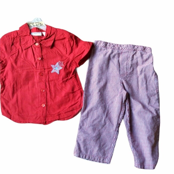 Simple Basic 7 Girls 2 Pc Red Shirt Checked Capri Pant Outfit Set - Picture 1 of 4
